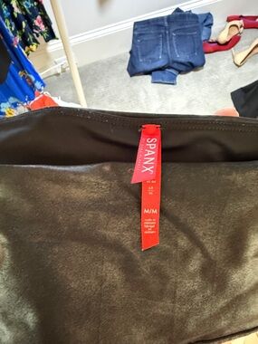 SPANX Black Faux Leather Leggings with Red Brand Tag